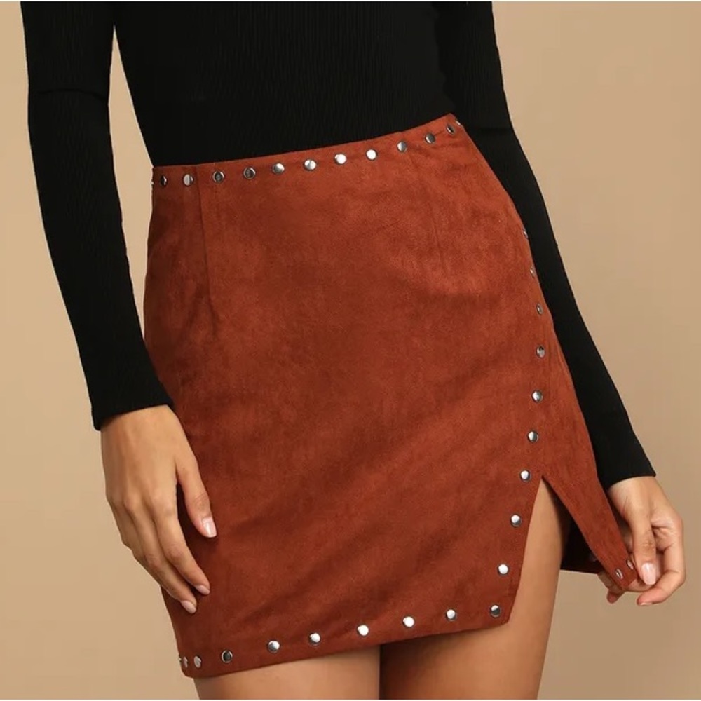 Forgotten Grace “Fall For It Brown Suede Studded Mini Skirt”